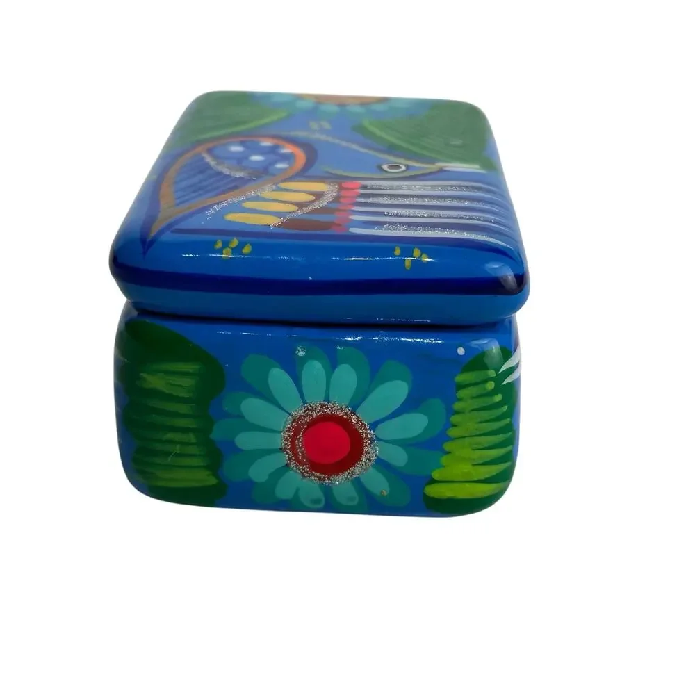 Hand Painted MEXICAN FOLK ART Blue Bird Terra Cotta Trinket Box